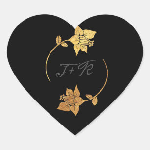 Black Grått Monogram Guld Flowers Initial Minimal Hjärtformat Klistermärke