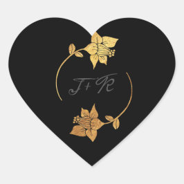 Black Grått Monogram Guld Flowers Initial Minimal Hjärtformat Klistermärke