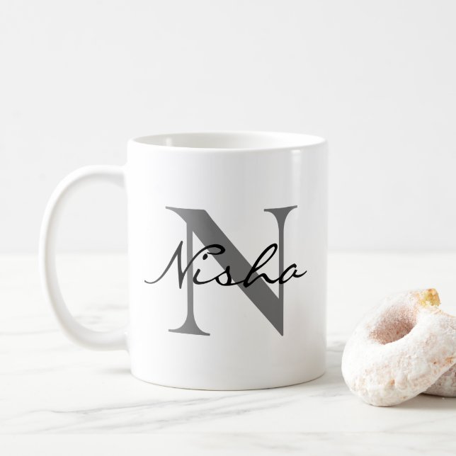 Black Grått Monogram Namn Kaffemugg (Med munk)