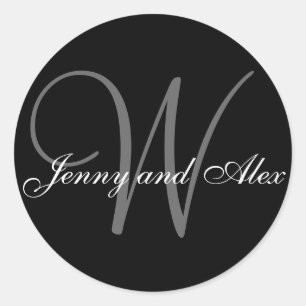 Black Grått Monogram W Bride Groom Namn Bröllop Runt Klistermärke