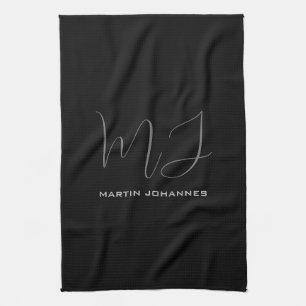 Black Grått Monogrammed Namn Modern Minimalist Chi Kökshandduk