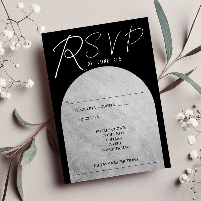 Black & Grått Mörk Gothic Headstone Arch Bröllop OSA Kort (Black & Grey Dark Gothic Headstone Arch Wedding RSVP Card)