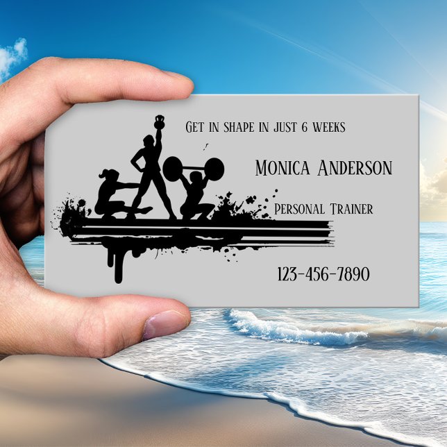 Black Grått Personal Fitness Trainer Affärskort Visitkort (Business card featuring a silhouette of weight training on simple grey - fitness - coach - sports)