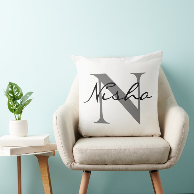 Black Grått Personlig Family Namn Monogram Kudde (Stol)