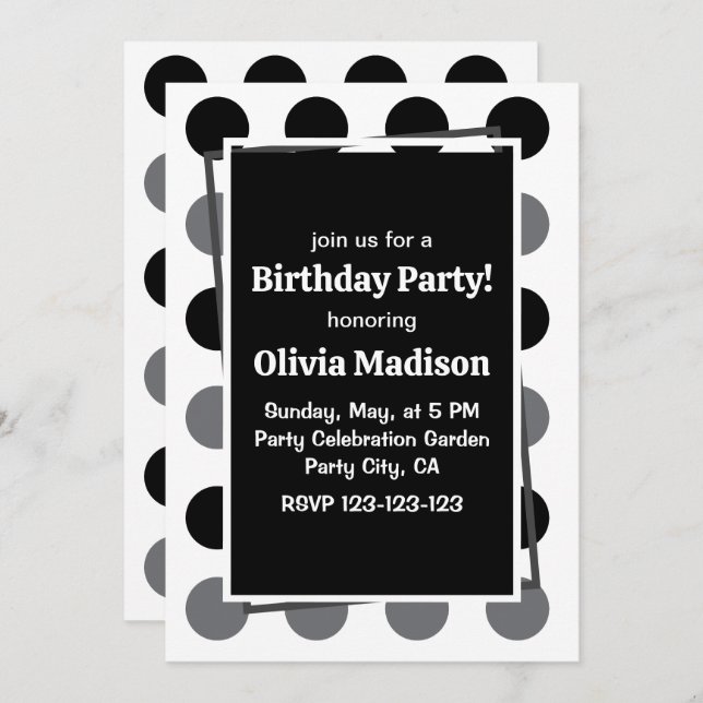 Black Grått Polka Dot-Födelsedagsfest Inbjudningar (Fram/baksida)