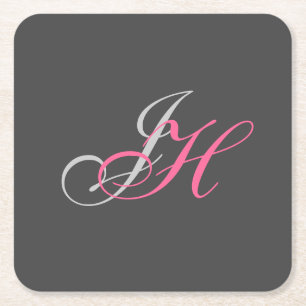 Black Grått Rosa Monogram Simple Plain Underlägg Papper Kvadrat
