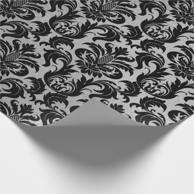 Black Grått Silver Crystal Metallic Damask Presentpapper (Hörn)