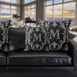 Black & Grått Silver Damask Blommigt Swirls Monogr Kudde