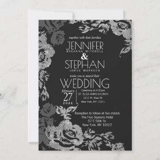 Black Grått Silver Glitter Blommigt Bröllop Inbjudningar