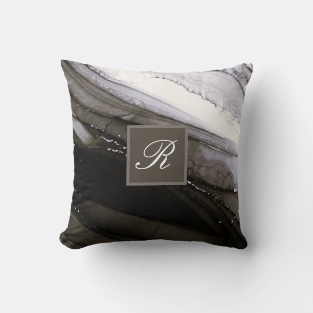 Black Grått Silver Marble Söt Charcol Monogram Kudde (Framsida)