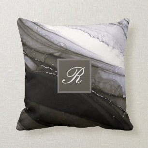 Black Grått Silver Marble Söt Charcol Monogram Kudde