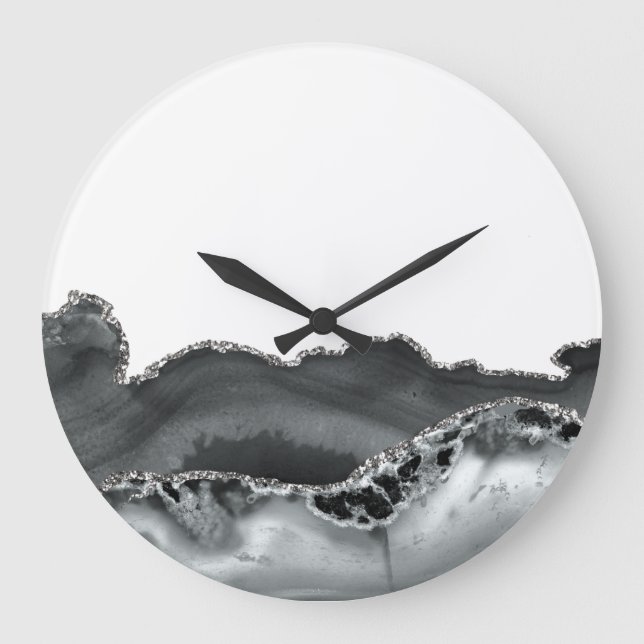 Black Grått Silver Metallic Agate Stone Stor Klocka (Framsida)