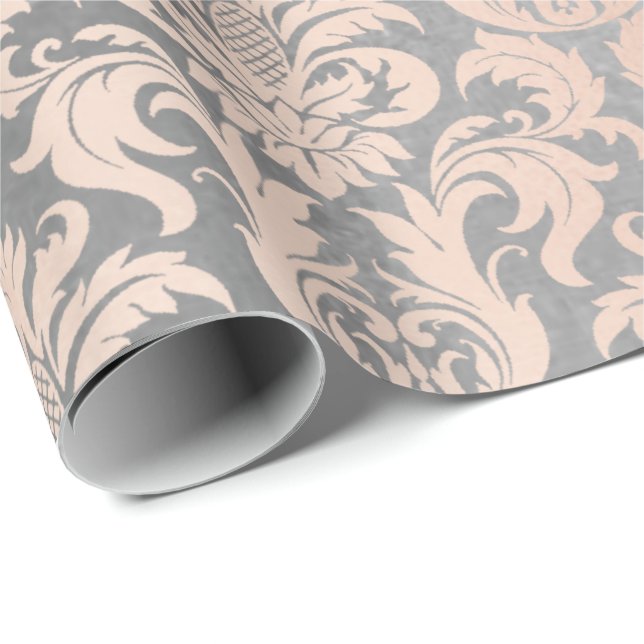 Black Grått Silver White Rosa Metallic Damask Presentpapper (Rullad Hörn)