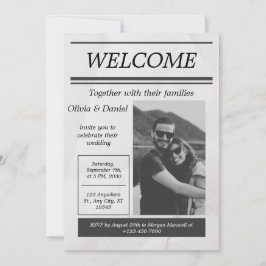 Black Grått Simple Vintage Newspaper Bröllop Invit Inbjudningar