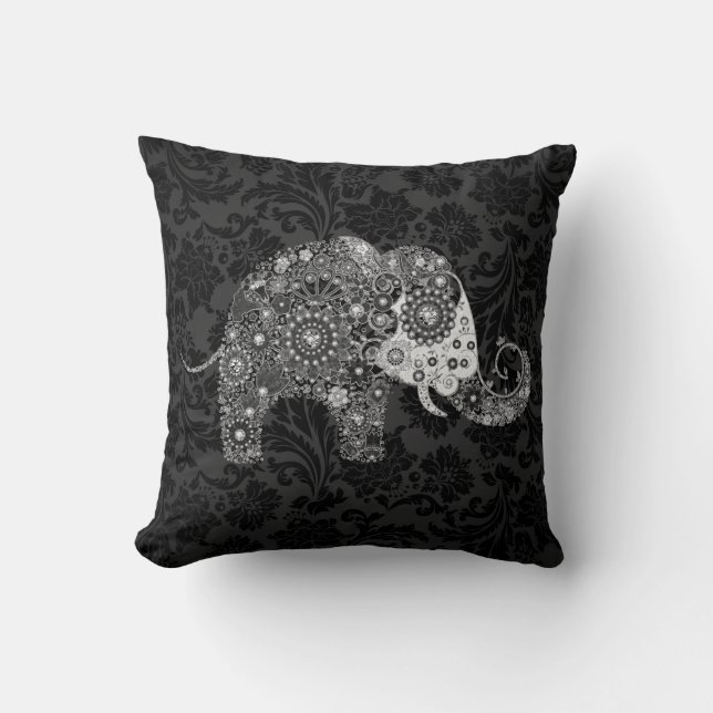Black & Grått Tones Retro Blommigt Elephant Kudde (Framsida)