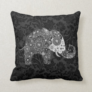 Black & Grått Tones Retro Blommigt Elephant Kudde