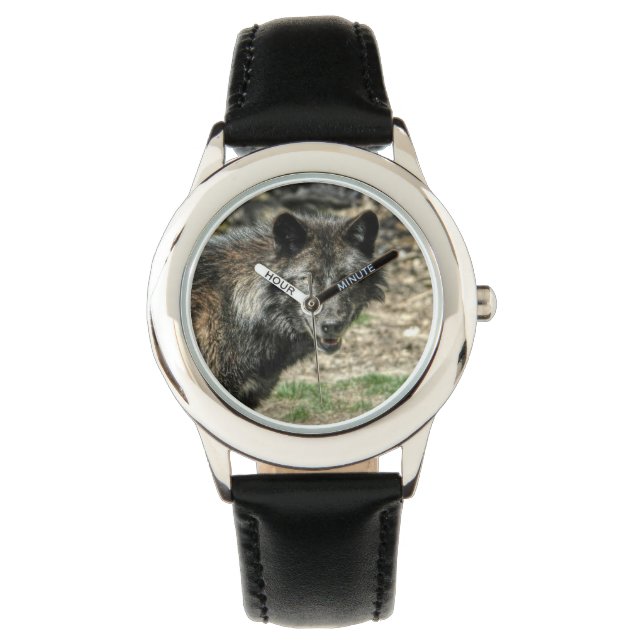 Black Grått Varg Wildlife Design Armbandsur (Framsida)