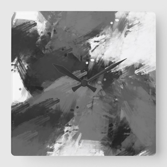 Black Grått White Abstrakt Modern Brushstrokes Fyrkantig Klocka (Framsida)