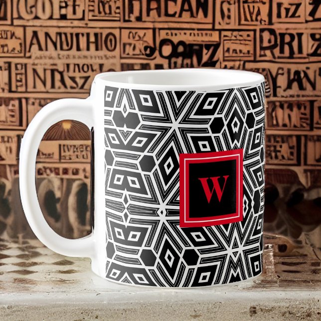 Black Grått White Cubism Neo Geo med Red Monogram Kaffemugg (Skapare uppladdad)