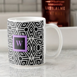 Black Grått White Cubism with Lila Monogram Kaffemugg