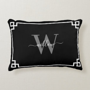 Black Grått White Grekiska Nyckel Monogrammed Prydnadskudde
