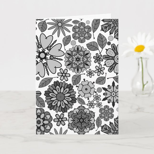 Black Grått White Retro Blommigt Art Seamless Möns Kort (Liten växt)