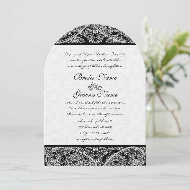 Black Grått White Vintage Paisley Damask Weddings Inbjudningar (Stående Fram)