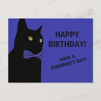 Black Grattis på födelsedagen Cat med Blue Bow Tie Vykort