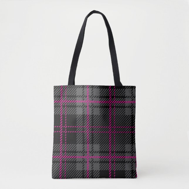Black Gray and Pink Tartan Print Plaid Scottish Tygkasse (Framsida)