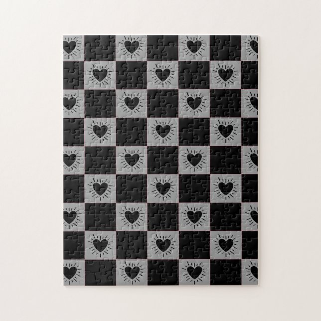 Black&Gray Checkered Tile With Hearts Pattern Pussel (Vertikal)