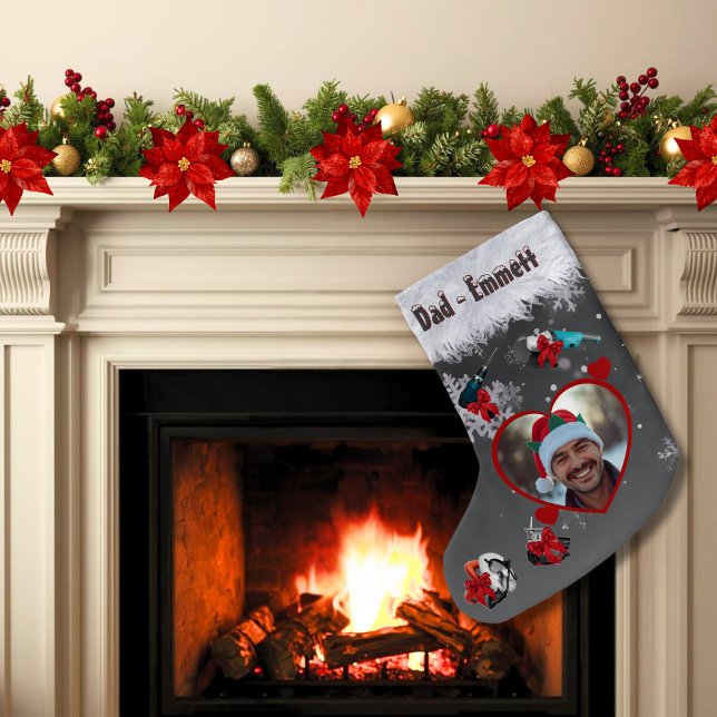 Black Gray Dad Loves Power Tools with Dad's Photos Liten Julstrumpa (Funny charcoal gray personalized 'Dad Loves Power Tools' Christmas stocking with faux fur trim )