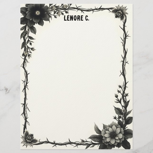 Black & Gray Flowers Thorny Frame Stationery Paper Brevhuvud (Framsida)