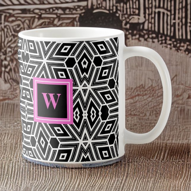 Black Gray White Cubism Neo Geo with Pink Monogram Kaffemugg (Skapare uppladdad)