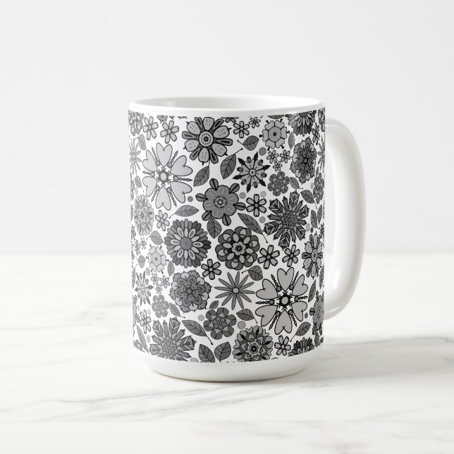 Black Gray White Retro Floral Art Seamless Pattern Kaffemugg (Framsida höger)