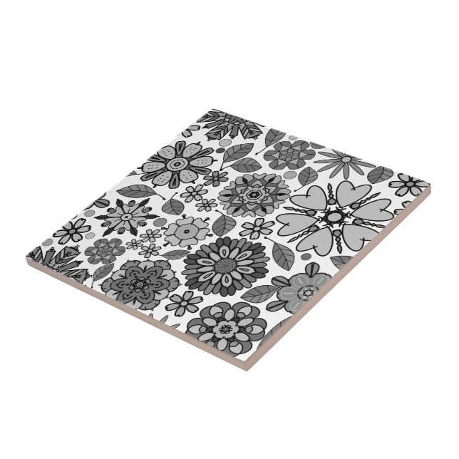 Black Gray White Retro Floral Art Seamless Pattern Kakelplatta (Sidan)