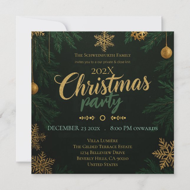Black Green and Gold Classic Christmas Invitation Inbjudningar (Framsida)