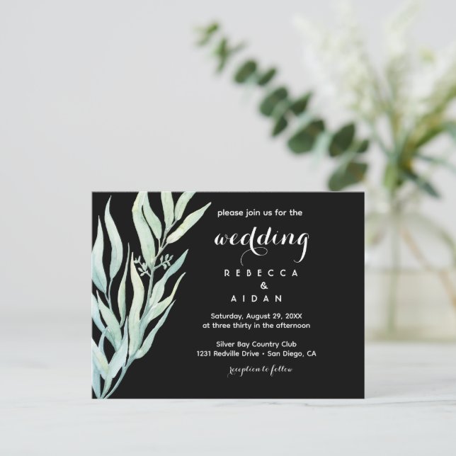 Black Green Botanical Wedding Invitation Inbjudan Vykort (Stående Fram)