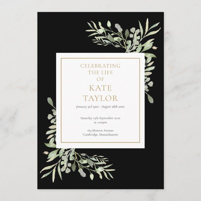 Black Greenery Funeral Memorial Order Service Program (Framsida)