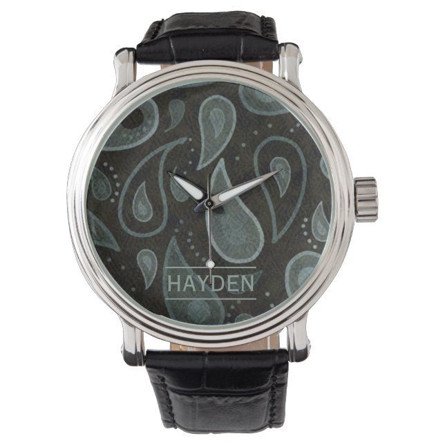 Black Grey Paisley Pattern Elegant Personalised Armbandsur (Framsida)