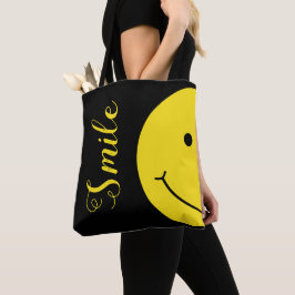 Black Grinning Smile Gult Ansikte Typography Tygkasse