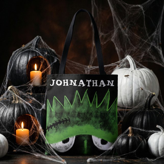 Black & Grönt Frankenstein Monster Ansikte Hallowe Tygkasse (Black & Green Frankenstein Monster Face Halloween Tote Bag)