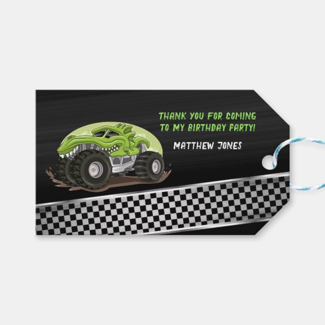 Black Grönt Gator Monster Lastbil Födelsedagsfest Presentetikett (Framsidan (Horisontell))
