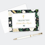 Black Grönt Guld Blommigt Watercolor First Communi Tack Kort<br><div class="desc">Elegant First Heliga Communion (kommunfullmäktige i första grönten) tack för att du designat ett kort med en flicka som har guld kor och som är upprymt i ett slående blommönster med blommor av neutralt, blommor av ro, guld och färg grey och en mjuk svart bakgrund. Anpassa anpassningsbarnas tack till meddelandet...</div>