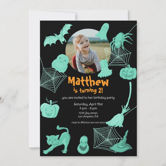 Black & grönt Halloween födelsedagsfest inbjudan (Framsida)