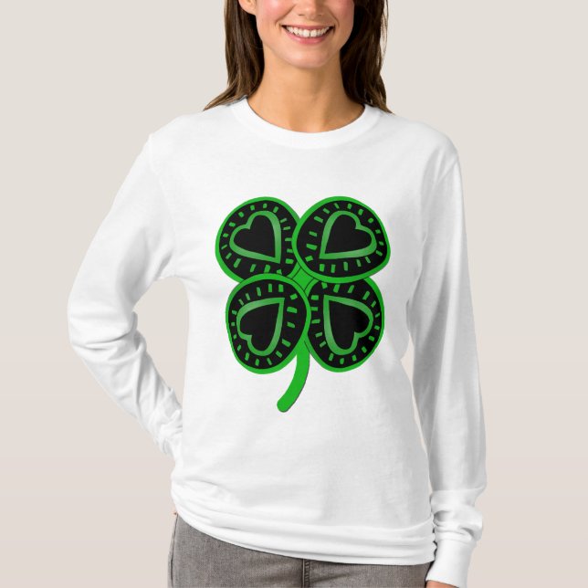 Black Grönt Klöver Heart St Patrick Woman Long S T Tee Shirt (Framsida)