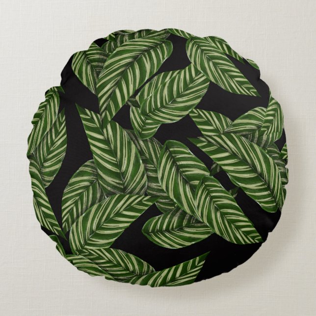 Black Grönt Leafy Luxurious Round Pillow Rund Kudde (Framsidan)