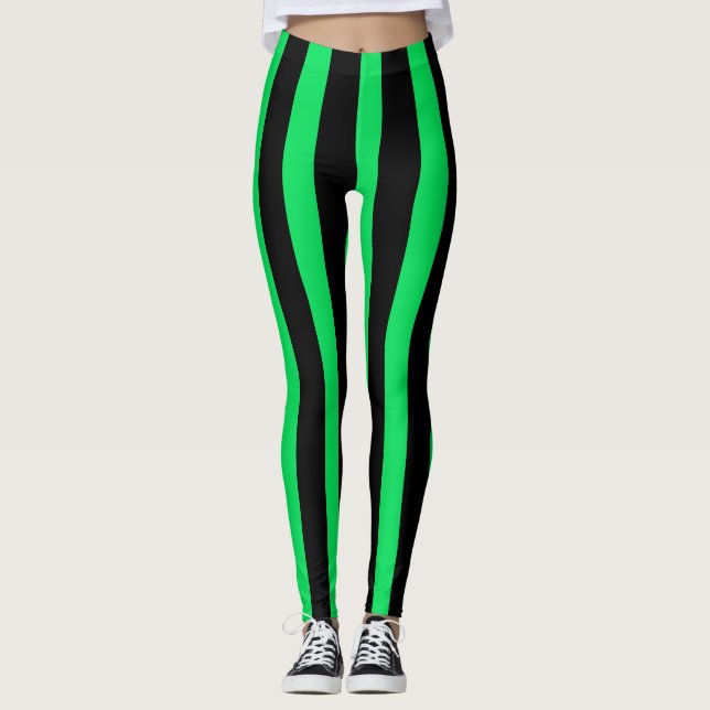 Black & Grönt Lodrät Rand Halloween Costume Leggings (Framsida)
