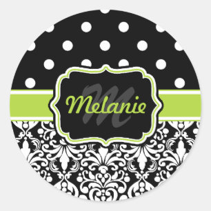 Black Grönt Monogrammed Damask Polka dots Mönster Runt Klistermärke