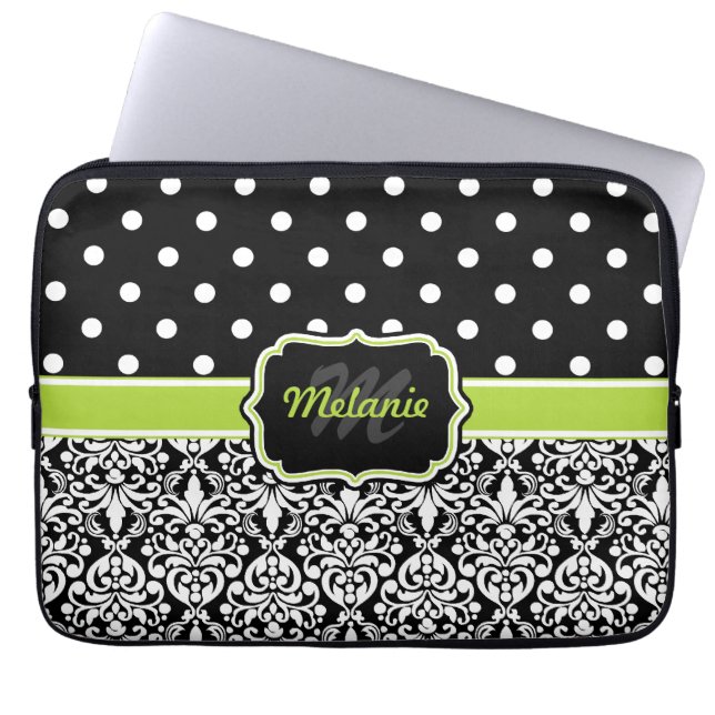 Black Grönt Monogrammed Damask Polka-punkt Laptop Sleeve (Framsidan)