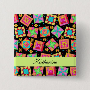 Black Grönt Patchwork Quilt Blocks Namn Badge Knapp